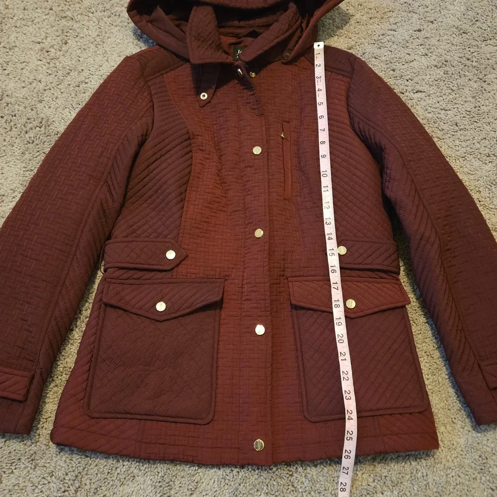 Jones New York Quilted‎ Jacket Size S Burgundy Hooded Parka Coat Barn Fall